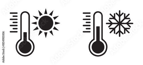 Vector icons of a thermometer with sun and snowflake symbols, representing hot and cold weather conditions