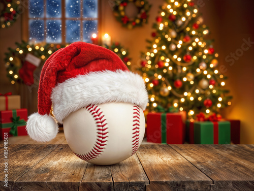 Festive Baseball in Santa Hat on Wooden Table with Christmas Tree Background