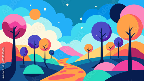 Vibrant sunset in whimsical forest
