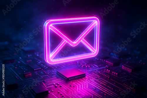 Neon email icon on circuit board with purple glow