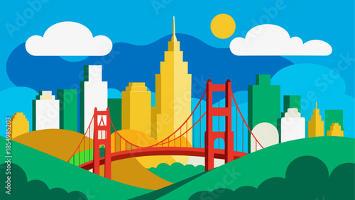 Vibrant cityscape with iconic bridge