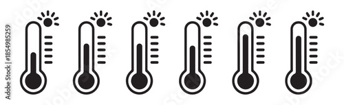 Set of six thermometers illustrating various levels of hot temperature with sun icons in a vector illustration