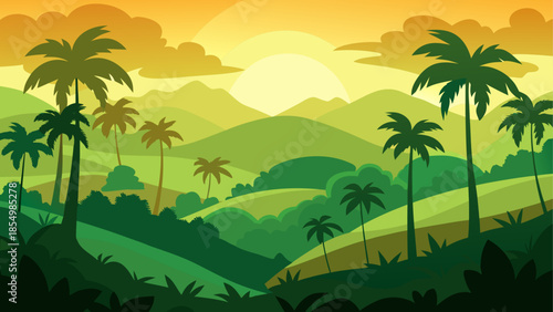 Tropical sunset over lush landscape
