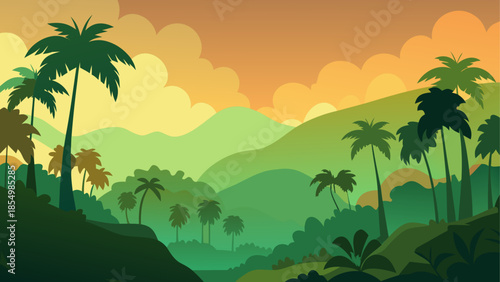 Tropical sunset over mountain valley