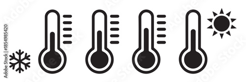 Collection of four thermometers indicating cold to hot temperatures with snowflake and sun icons