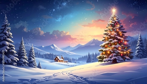 Snowy Christmas Landscape with Fir Trees.