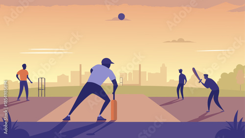 Sunset cricket match in urban setting