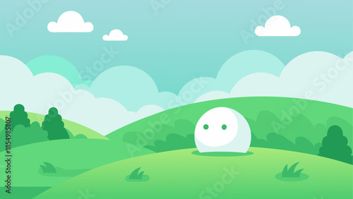 Whimsical landscape with white character