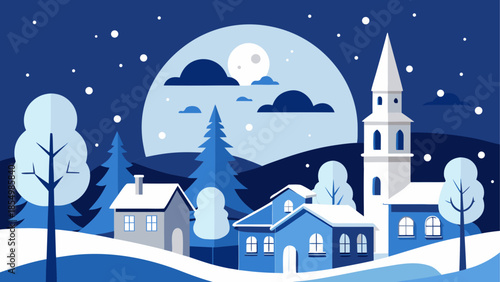 Serene winter village under moonlight