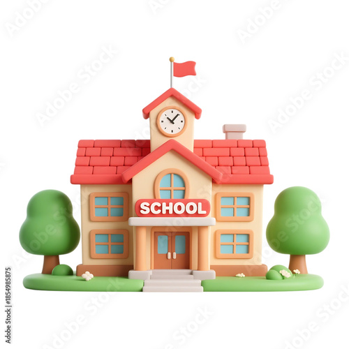 A charming 3d rendered school building with a clock tower and red roof on transparent background