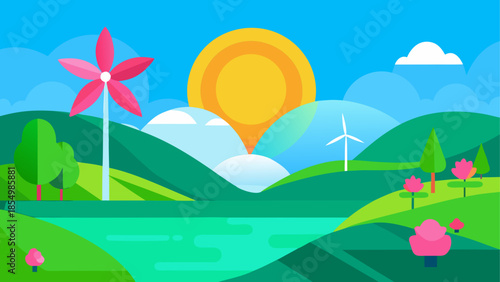 Vibrant landscape with renewable energy sources