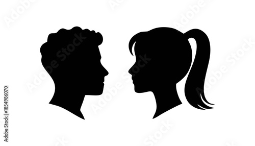 Human head  Collection of black silhouettes, diverse male and female side view faces, different hairstyles