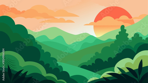 Serene sunset over lush mountains