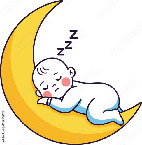 Cute sleeping baby illustration lying on crescent moon with dreamy night theme in adorable cartoon style isolated on white background
