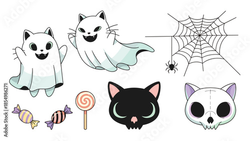 Halloween theme illustrations featuring spooky ghost cats, a spider web, skulls, and candies on a white background.