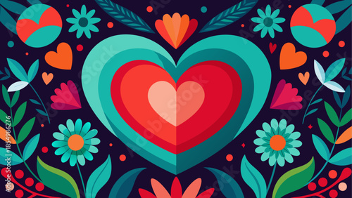 Colorful heart surrounded by flowers