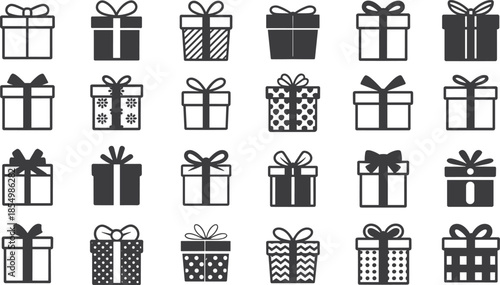 Gift box icon set with assorted wrapped presents in minimalist black and white style for celebrations holidays graphic design