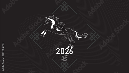 Luxury Monochrome Horse Illustration Chinese New Year 2026 Background with Flowing Line Pattern and Traditional Asian Ornament for Premium Celebration Design