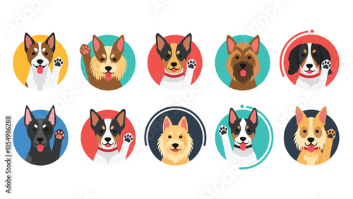 Colorful set of circular dog face icons waving their paws, representing various popular breeds in a cute style.