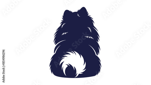 Silhouette of a fluffy Pomeranian dog seen from behind with its iconic curled tail against a plain white background.