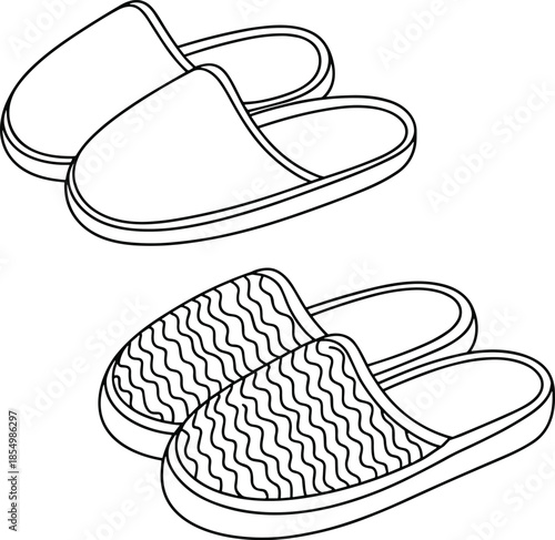 House slippers outline illustration in black and white line art style for indoor comfort, home footwear, and minimal design projects