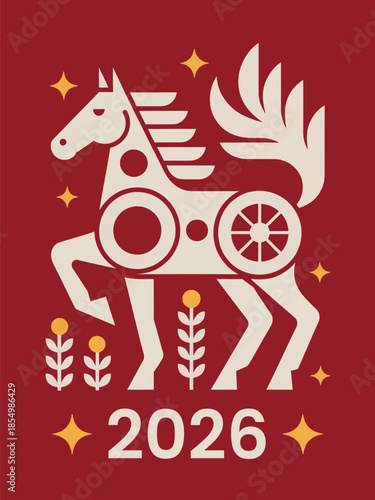 a stylized illustration depicts a cream colored horse drawn chariot against a deep red background with floral elements and the