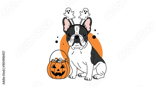 French Bulldog wearing a ghost headband sitting next to a jack-o-lantern pumpkin full of delicious candies.