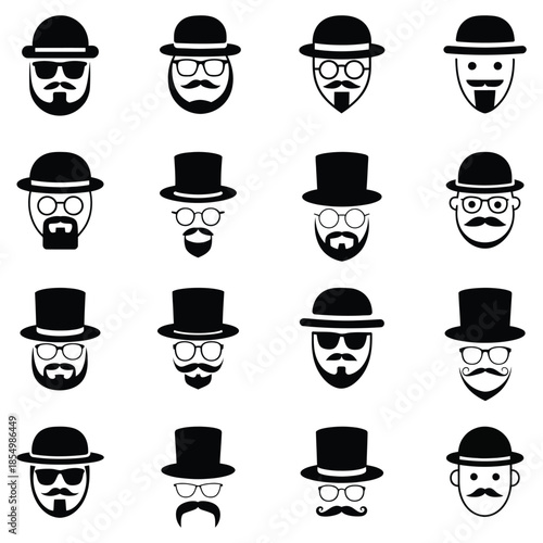 Collection of hats, beards and mustaches silhouettes