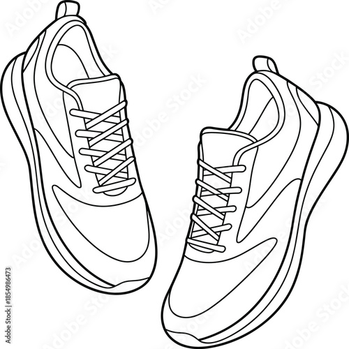 Running shoes outline illustration in black and white line art style, sporty sneakers design for fitness, fashion, and footwear projects