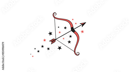 Elegant red and black bow with a notched arrow surrounded by magical sparkling stars against white background.