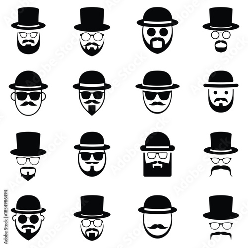 Different styles of beards, bowler hats, mustaches, and eyeglasses