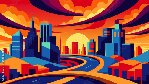Vibrant cityscape at sunset