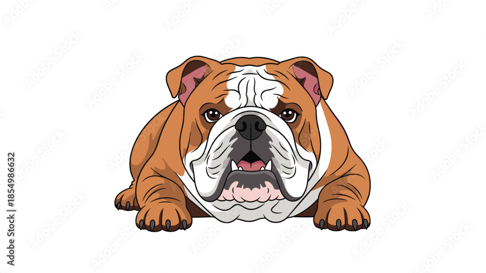 Obraz premium Detailed front-facing portrait of an English Bulldog head with its characteristic wrinkles and very broad snout.
