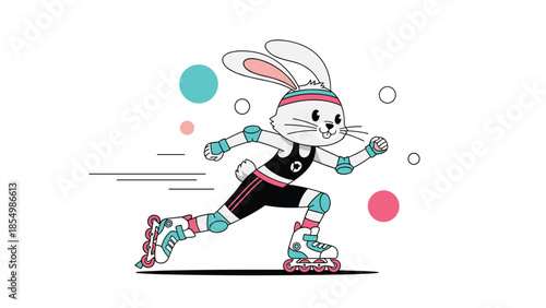 Fun and active rabbit wearing roller skates, protective gear, and a colorful headband while skating very fast.
