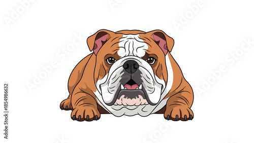 Detailed front-facing portrait of an English Bulldog head with its characteristic wrinkles and very broad snout.