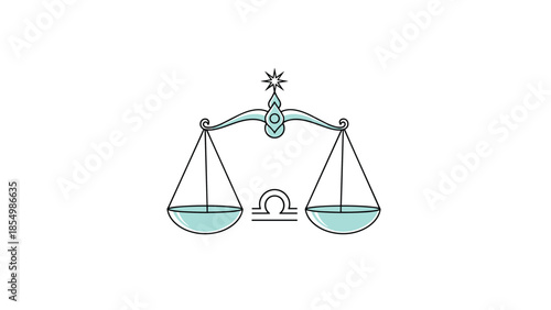 Symbolic illustration of the Libra zodiac sign featuring balanced scales and the astrological glyph in light blue.