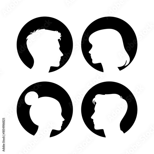Human head  Collection of black silhouettes, diverse male and female side view faces, different hairstyles