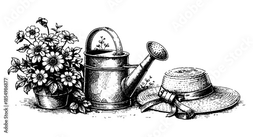 Vintage Hand Drawn Spring Gardening Illustration with Flowers Watering Can and Straw Hat
