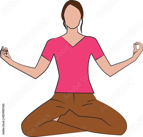 Vector illustration shows a woman practicing yoga meditation in a seated lotus pose with hands in a calm mudra gesture. The design is created in a clean flat vector style with simple shapes and smooth