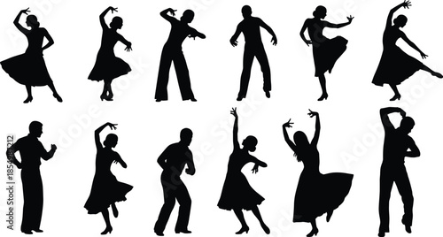 Black silhouettes of people dancing in various poses dance dancers white background
