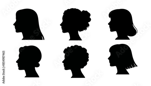 Human head  Collection of black silhouettes, diverse male and female side view faces, different hairstyles