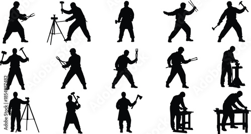 Black silhouettes of people working with tools hammer tripod
