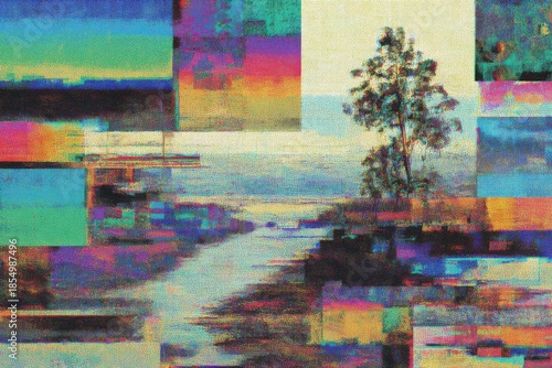 Abstract glitch art with pixelated elements
