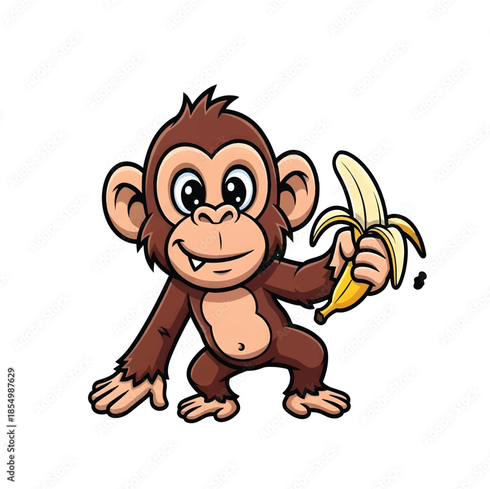 Obraz premium Cute cartoon monkey illustration holding a banana, happy primate mascot character, friendly jungle animal isolated on white background