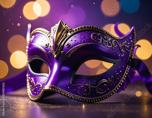 Ornate purple masquerade mask with golden accents on a dark surface with bokeh lights in background