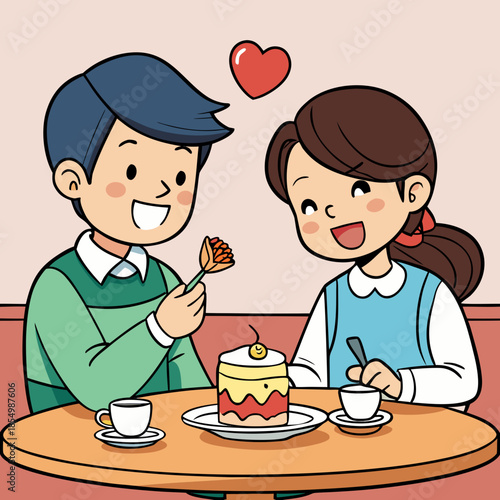 Happy young Chinese man feeding girlfriend with piece of cake when thet are sitting at cafe table.