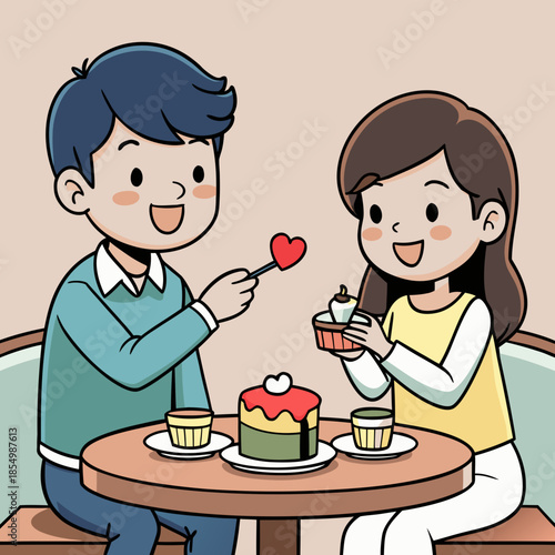 Happy young Chinese man feeding girlfriend with piece of cake when thet are sitting at cafe table.