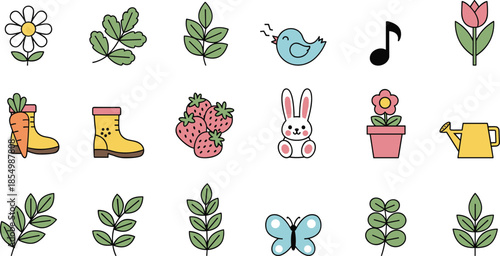 Cartoon garden with flowers leaves boots strawberries rabbit bird butterfly watering can