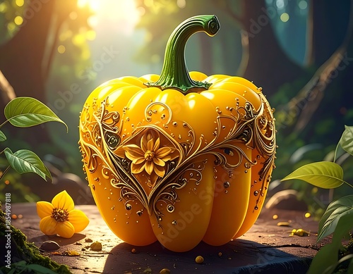 Ornate, radiant yellow pepper rests on rustic wood, graced with golden floral filigree in a sun-dappled forest scene