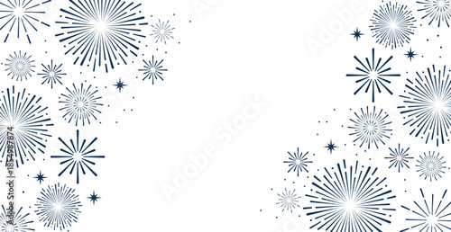  Elegant blue fireworks burst and sparkling stars on clean white background, festive celebration illustration for New Year, holiday party, greeting card, luxury event design, minimalist style vector.
